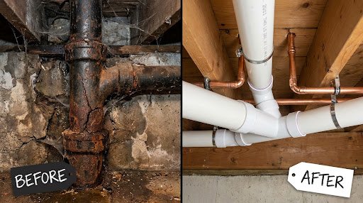 Before and after split view photo showing rusty cast iron pipe replaced by brand new clean PVC and copper pipes