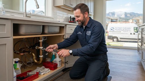A clean, professional, high-end master plumber in Windsor Colorado fixing residential sink piping