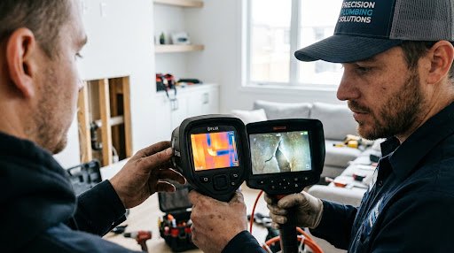 Plumber using advanced thermal FLIR camera and optical screen to detect hidden leaking pipe inside residential wall