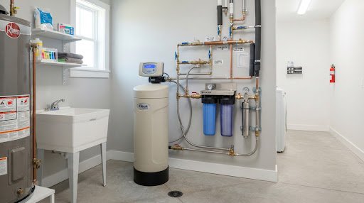Modern residential water softener and whole-home water purification filtration system installed neatly in a clean utility room