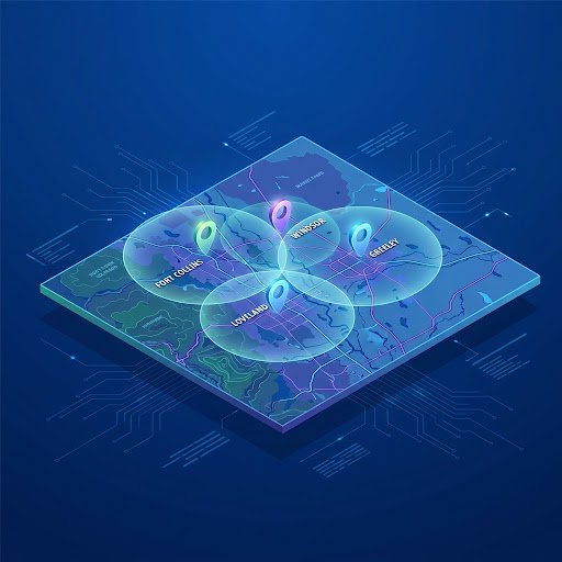 Isometric 3D regional service map of Northern Colorado showing Windsor, Greeley, Loveland, and Fort Collins with glowing location pin markers